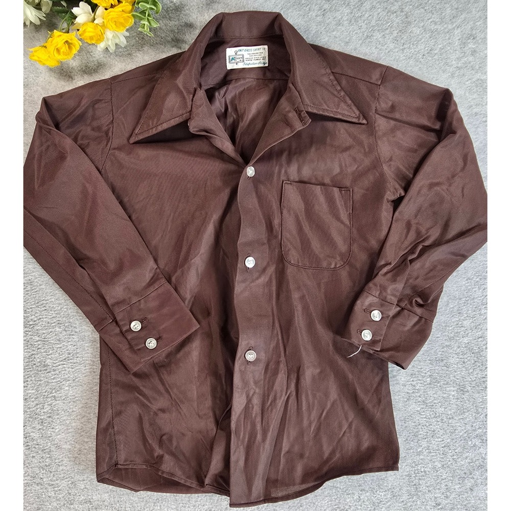 Kmart Knit Dress Shirt Boy 7 Brown Vintage 70s Disco Long Sleeve Pointed Collar
